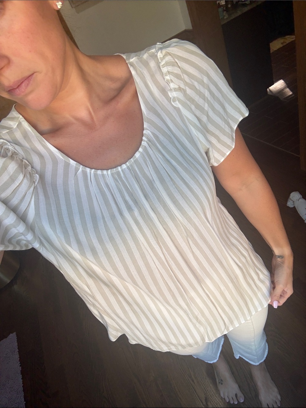 LC Lauren Conrad Beige and White Vertical Stripe Scoop Neck Top
